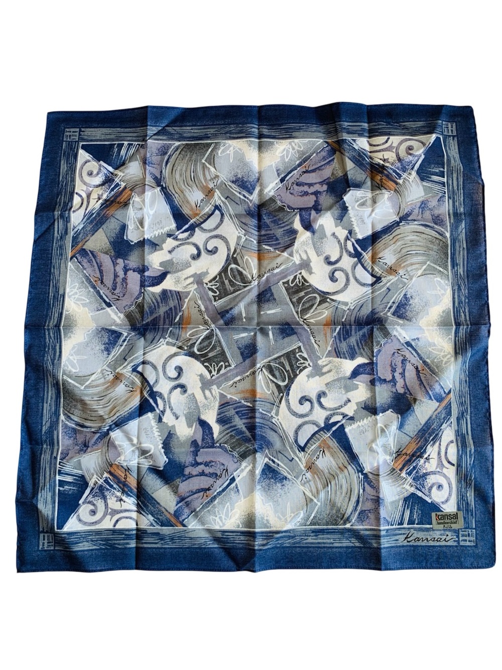 Vintage Kansai Men’s Handkerchief Blue Abstract Art Print 17.5” Cotton Pocket